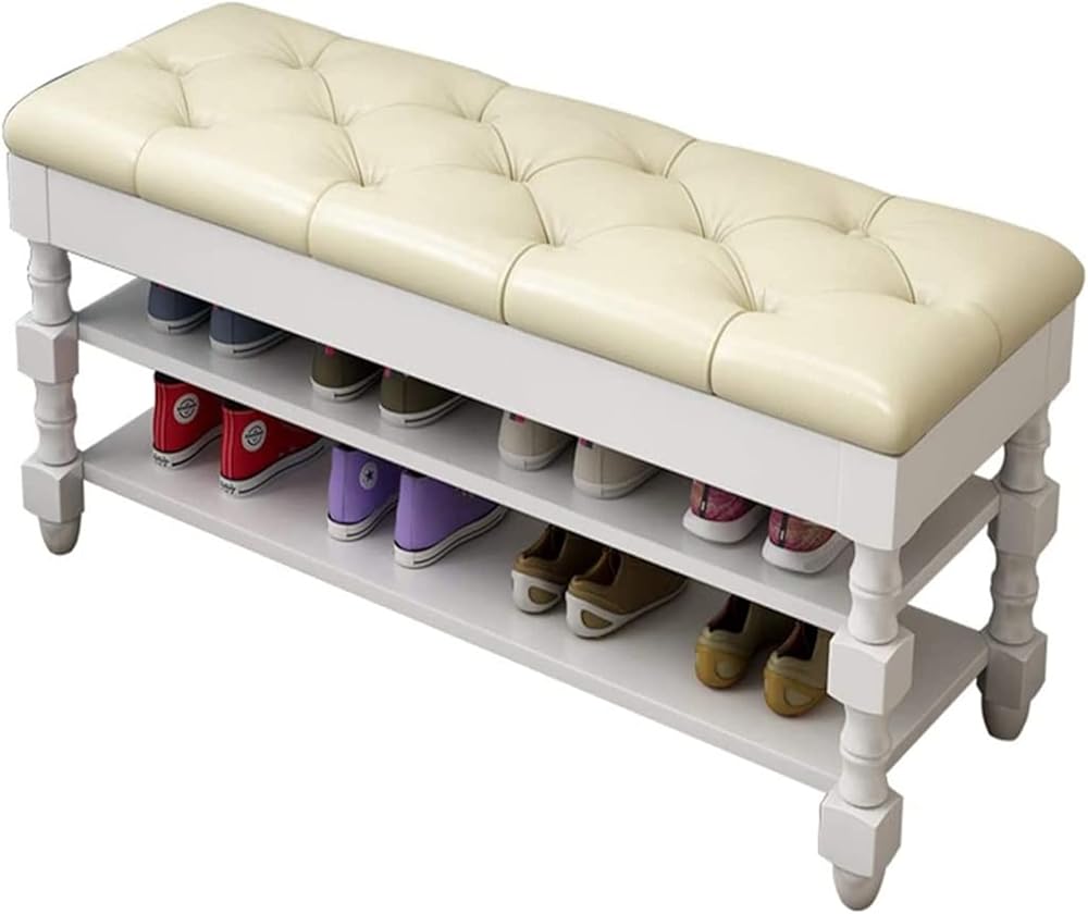 Shoe Storage Bench Entryway Hallway Furniture, Shoe Rack Bench American Retro, Double-Layer Shoe Changing Stool at The Entrance, Household Solid Wood Storage Stool(60 * 35 * 43 cm)