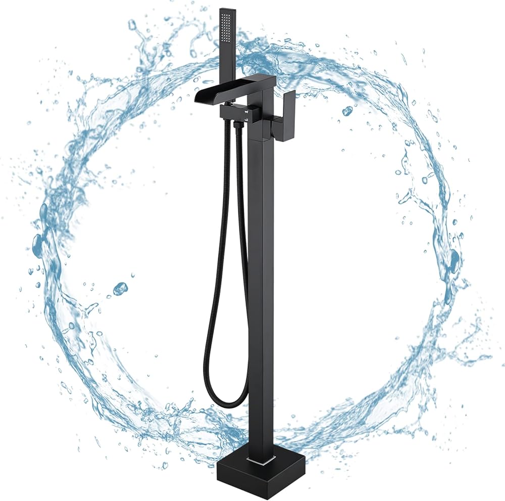 PROOX Freestanding Bathtub Faucet Floor Mounted, High Flow Free Standing Tub Filler with Hand Sprayer, Swivel Spout - Matte Black