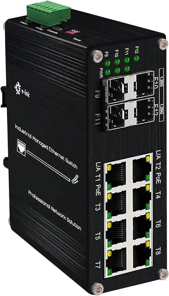 Industrial 8 Ports L2 Managed Gigabit PoE Fiber Switch with 4 1000Base-X SFP Slots Layer 2+ Web Management Din Rail Network Switch 802.3at 30W Support QOS, VLAN, Ring Network, IGMP 48-57V DC Input