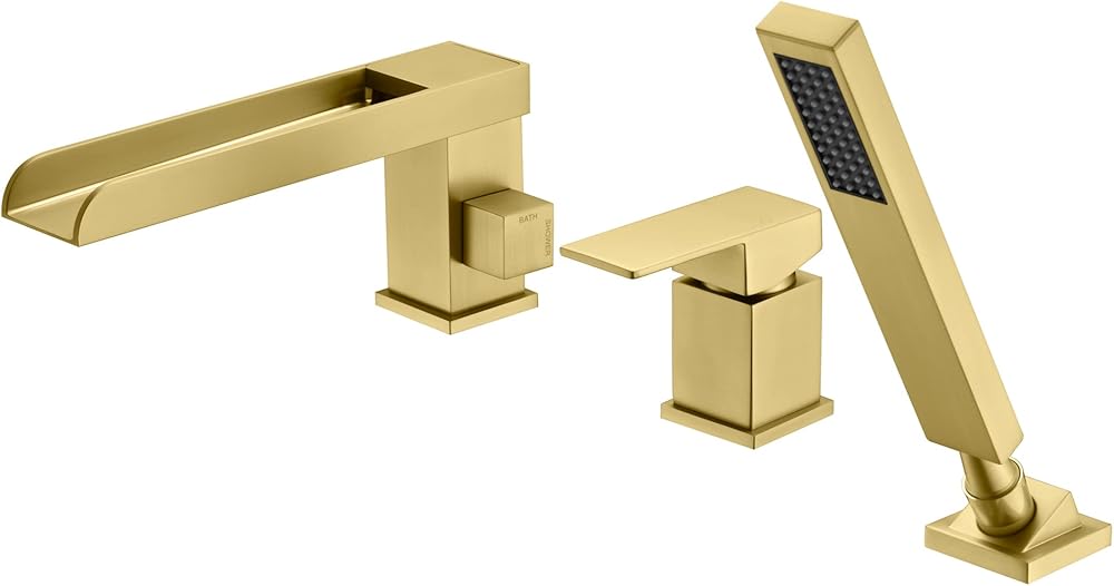 SUMERAIN Roman Tub Faucet with Hand Shower, 3 Hole Waterfall Bathtub Faucet Deck Mount Tub Filler Brushed Gold