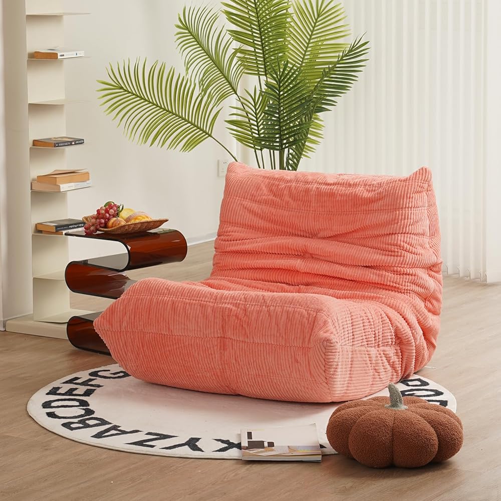 N&V Fireside Chair, Mid Century Armless Floor Sofa, Soft Premium Corduroy Floor Lounge Chair, Foam Sofa Accent Chair for Living Room Bedroom and Office Salmon