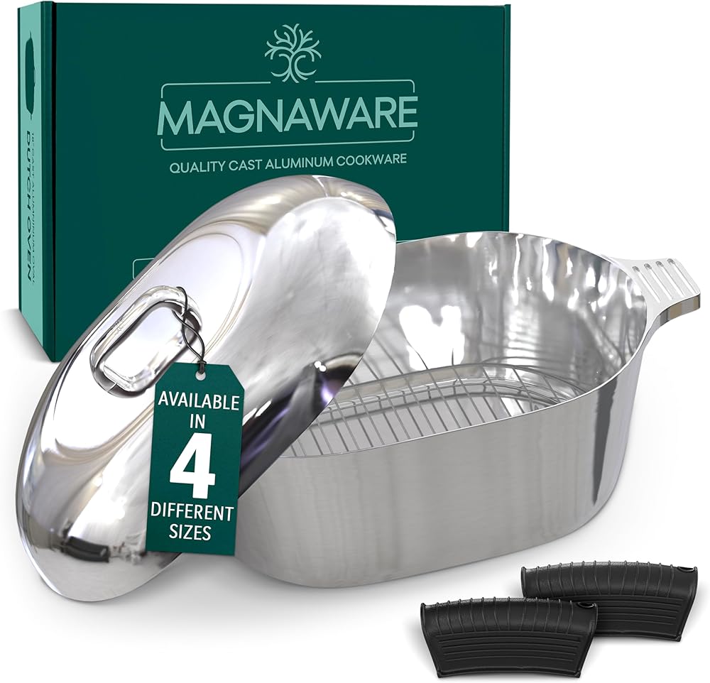 Cast Aluminum Dutch Oven with Lid - 12.6 Quart Oval Lightweight Pot For Cajun Cookware, Baking & More - Roaster Pan with Silicone Covers & Rack For Even Heat Distribution (18 inch)