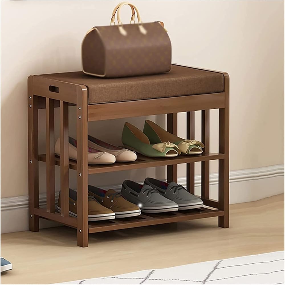 Shoe Storage Bench Entryway Hallway Furniture, Bamboo Shoe Bench with Removable Cushion 2-Tier Shoe Stool for Home Entryway Shoe Bench for Living Room Bedroom(50 * 27 * 44 cm)