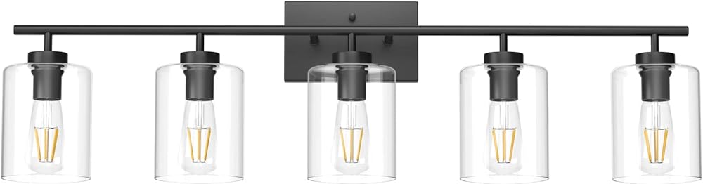 Aipsun 5 Lights Black Vanity Lights Fixtures Over Mirror with Clear Glass Shades Industrial Wall Light Fixture for Bathroom(Exclude Bulb)