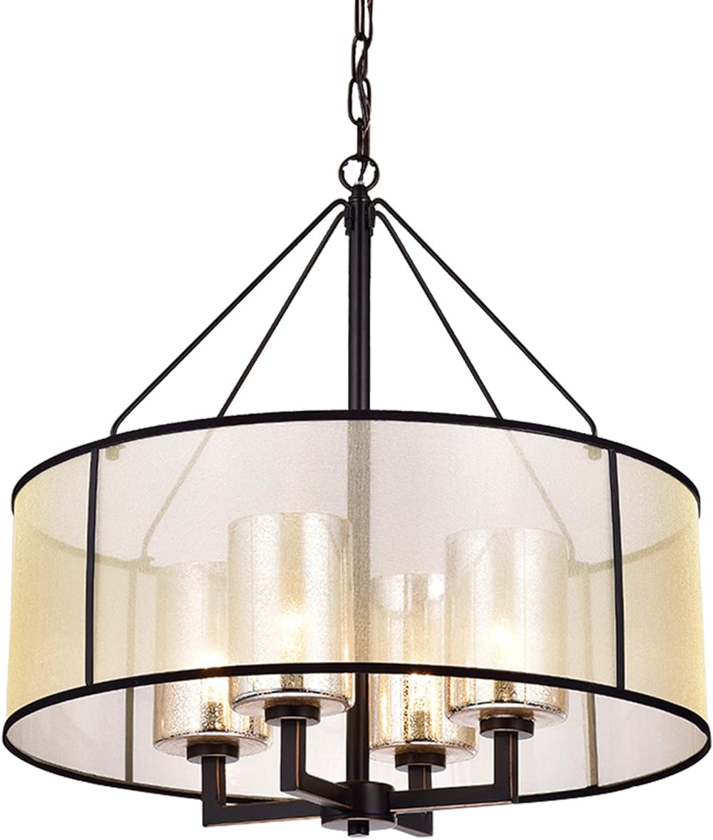 Warehouse of Tiffany RL8198H-ORB Sarina Pillar Glass and Fabric Cylinder Shade 4-Light Pendant, Brown