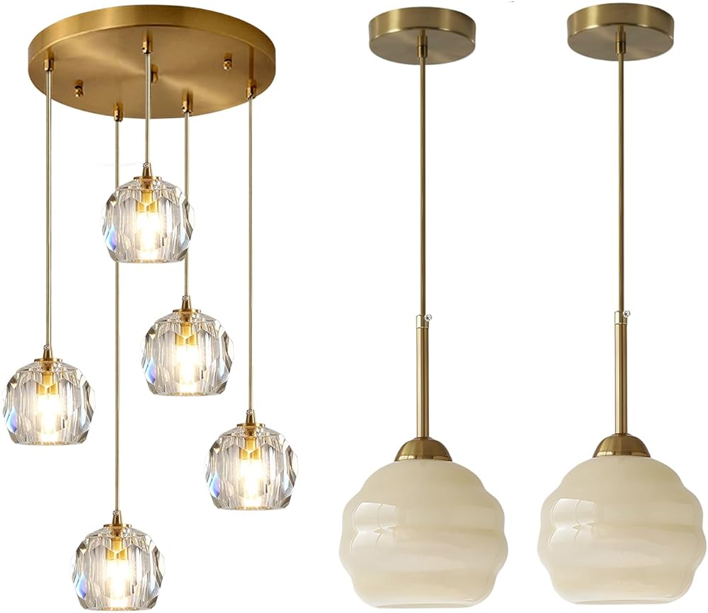 Mid Century 5-Light Cluster Pendant Lighting Modern Gold Crystal Kitchen Island Pendant Light Yellow Glass Pendant Light Brushed Gold Hanging Pendant Light Fixture Nordic Coastal Pendant Light