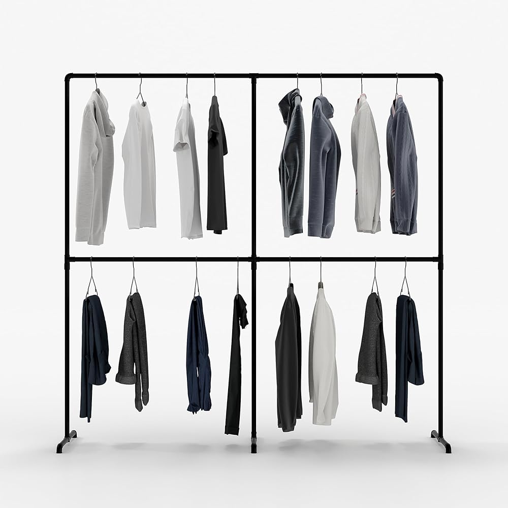 pamo Industrial Design garment rack - LAS II Double - freestanding Coat Rack for Walk-In Wardrobe Wall I Clothes Rack Made of Black Sturdy Pipes freestanding from Water Pipes