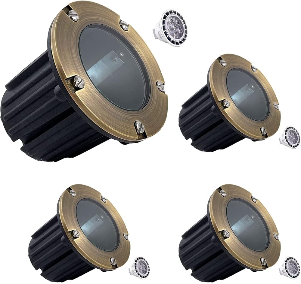 LED Spot Lights Outdoor Landscape Lighting Well Lights 173 - Solid Brass In Ground Light with 7W LED Bulb Security Landscape Lights for Bright Long Lasting Home Garden Patio Deck Lighting (4 Pack)