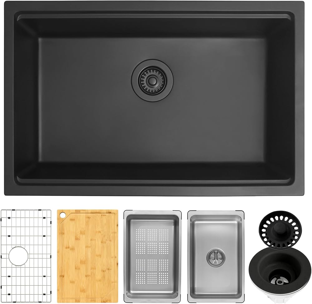 Black Undermount Kitchen Sink 28 X 18 inch,Granite Composite Black Kitchen Sink,Single Bowl Workstation Kitchen Sink