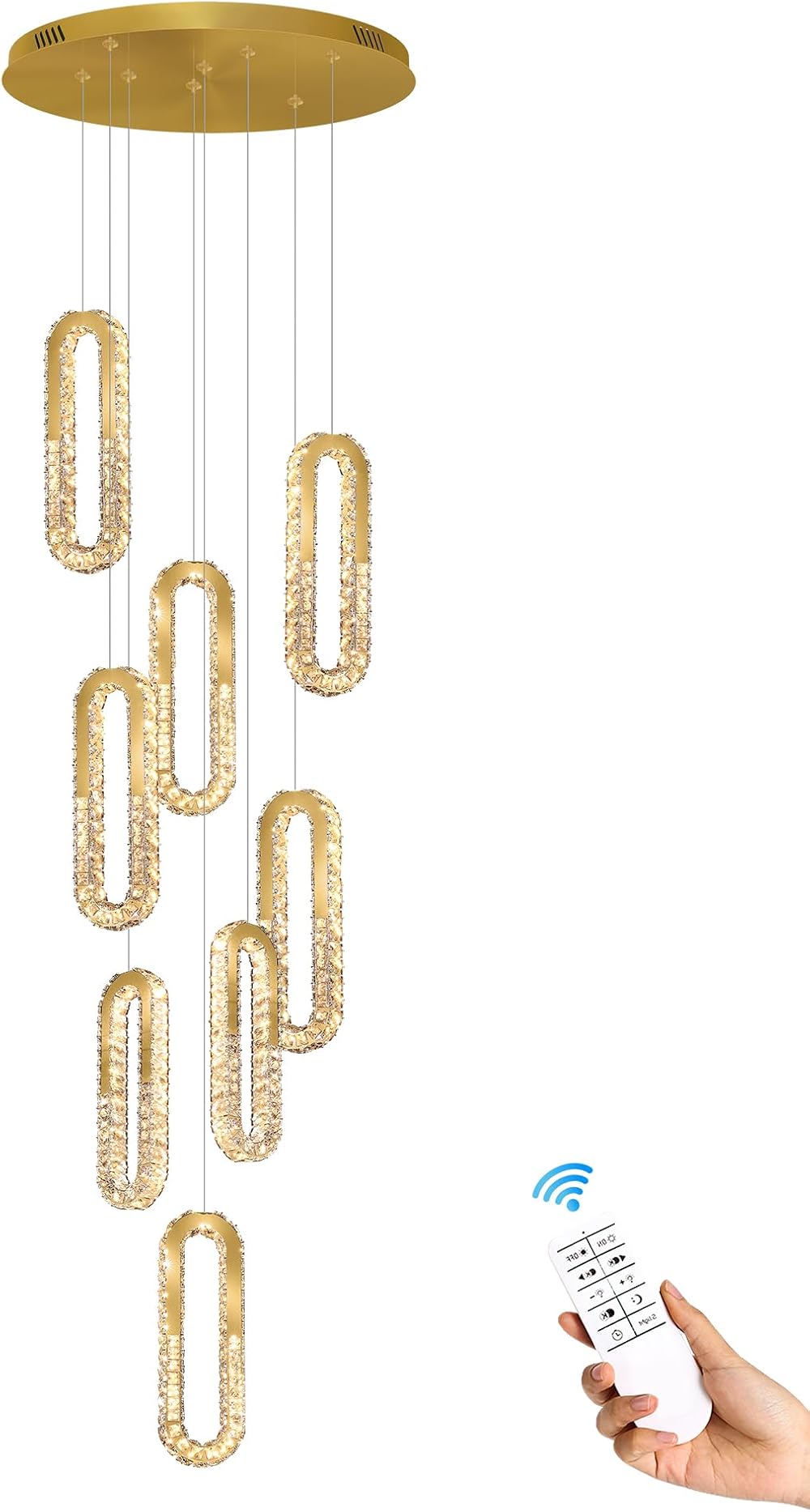 Modern Chandelier Adjustable Gold 8 Rings Crystal Chandelier for Living Room Foyer Stairwell Lighting Chandelier Fixture High Ceiling Chandelier Dimmable 2700K-6000K