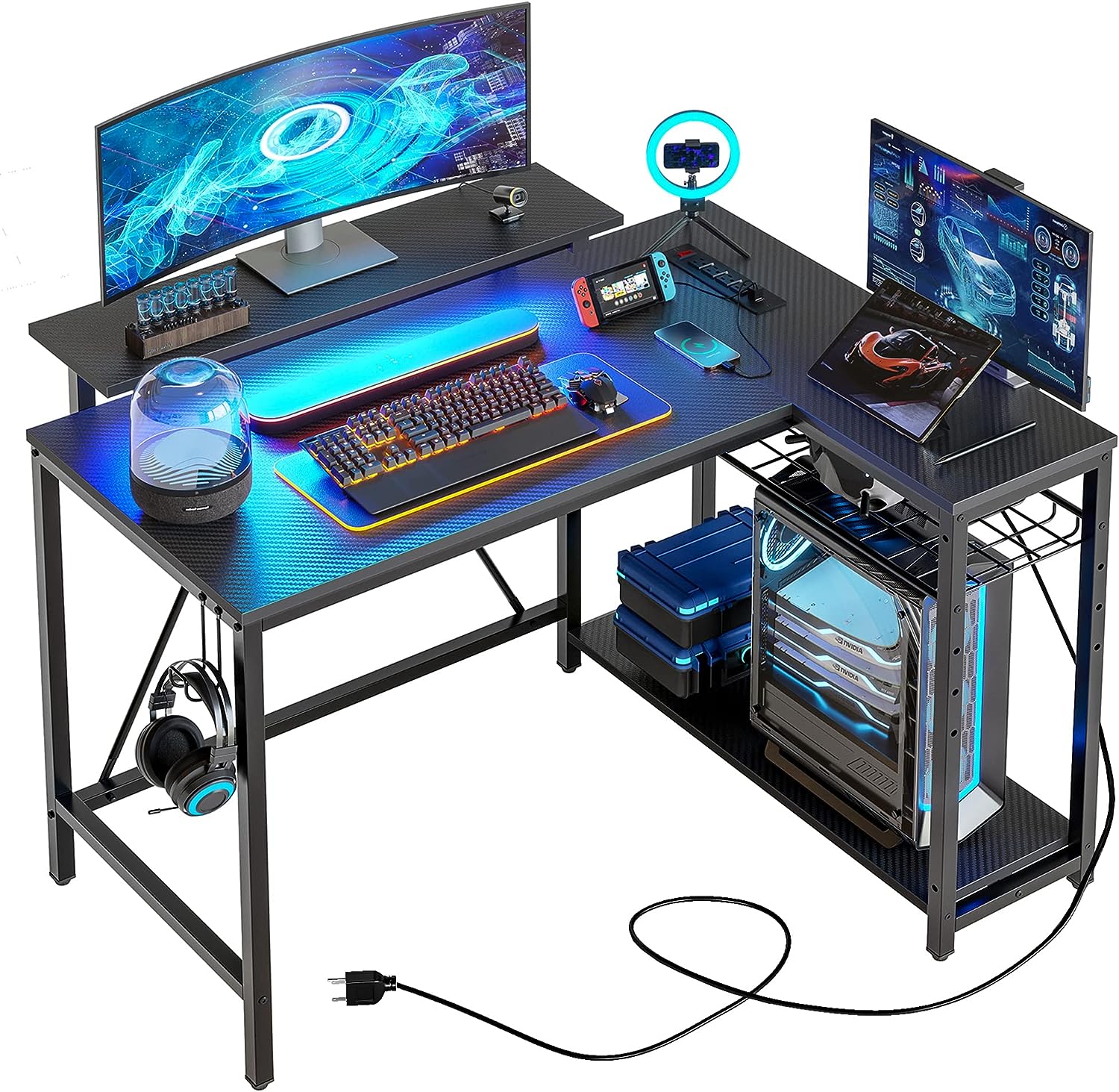 Bestier Small L Shaped Gaming Desk with Power Outlets,42 inch LED Computer Desk