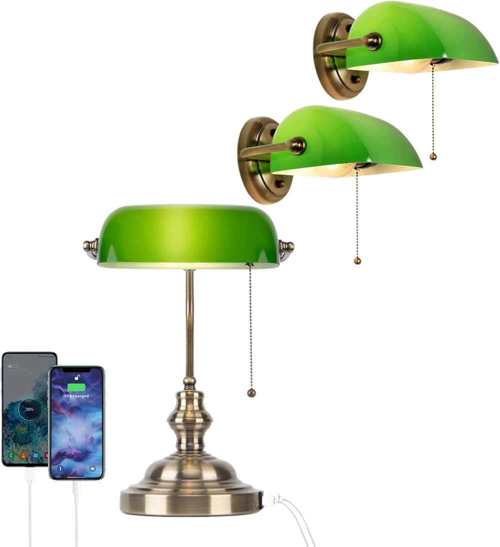 FIRVRE Green Glass Bankers Lamp with 2 USB Port，Pull Chain Switch Desk Lamp with Brass Base,Bundle with Sconces Wall Decor Set of 2