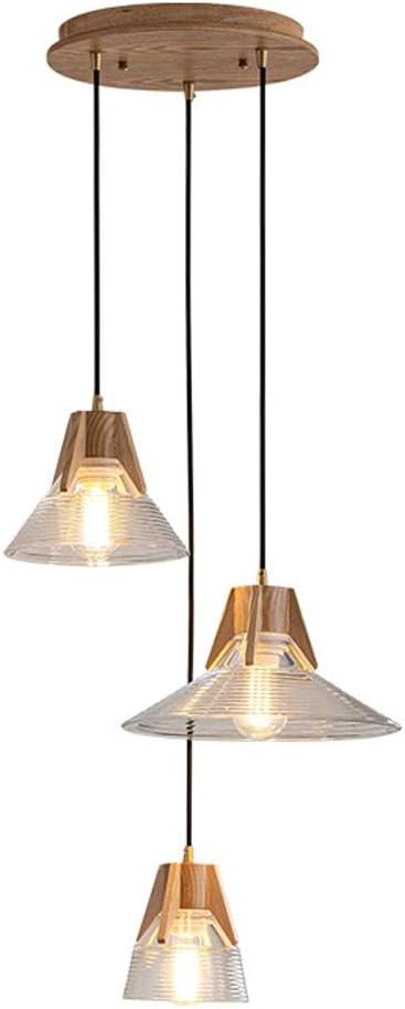 Vintage Cluster Glass Pendant Lighting 3-Light Farmhouse Loft Bar Ceiling Hanging Lamp Chandelier Solid Wood Hanging Light Fixtures Over Kitchen Island with Clear Glass Shade,