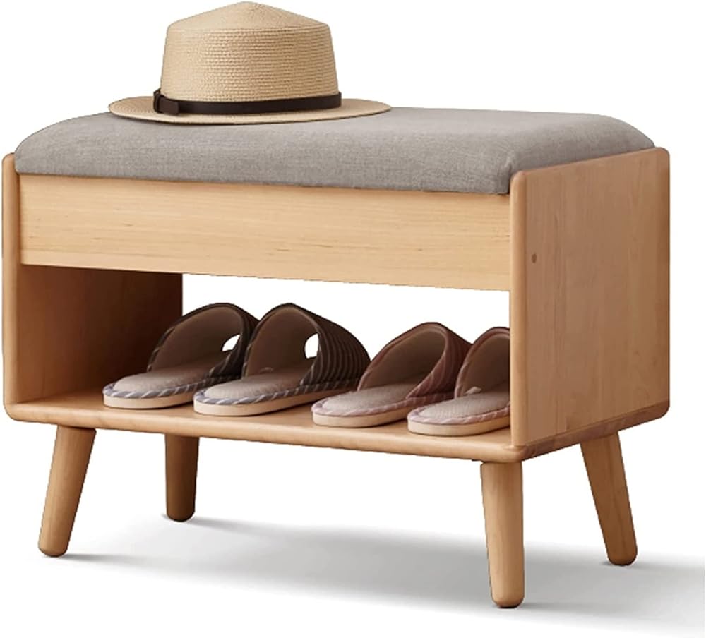 Shoe Storage Bench Entryway Hallway Furniture, Shoe Bench Rack Solid Wood, Small Nordic Simplicity Shoe Changing Stool with Soft Cushion, Household Small Shoe Changing Stool(Primary Color+gray)