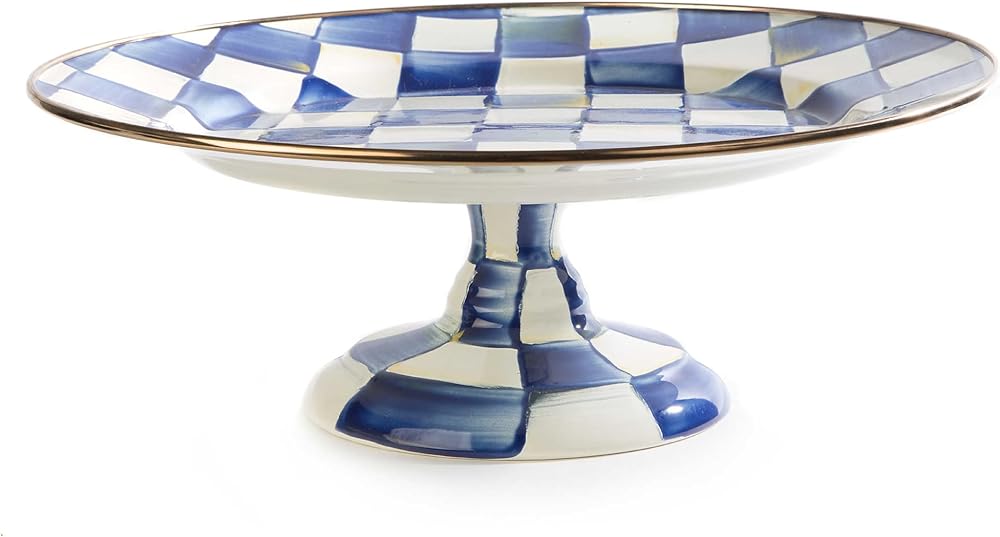 MACKENZIE-CHILDS Enamel Pedestal Platter, Round Cake Stand, Small, Blue-and-White Royal Check