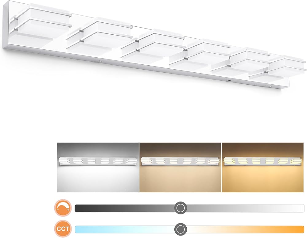 3 Color Temperature Dimmable Vanity Lights for Bathroom Chrome 6 Light Bathroom Vanity Light Fixtures Acrylic Stainless Steel Square Shade Light Fixtures for Bathroom above Mirror, ETL Certificated