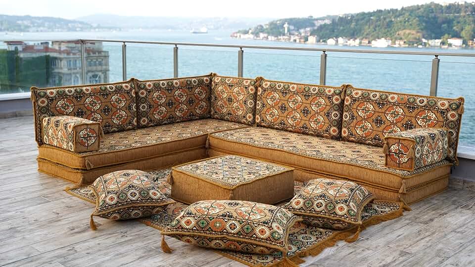 Gold L Shaped Arabic Floor Sofa Set, Moroccan Livingroom Home Decor, Balcony Floor Couch, Corner Arabic Majlis Seating, Turkish Floor Sofas (L Sofa Full Set, 8'' Thickness (20 cm))