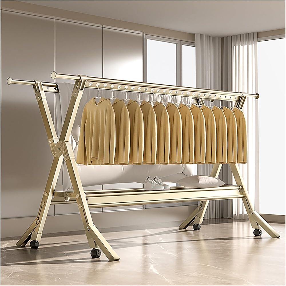 Clothes drying rack,Small apartment Standing Washing Airer drying rack, laundry rack drying collapsible,Floor-standing folding indoor clothes rack, with Windproof Hooks, universal wheel ( Color : Gold