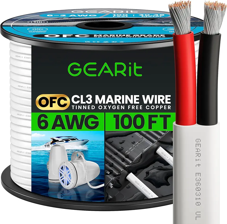 GEARit 6 Gauge Marine Wire (100ft) 6/2 AWG Duplex 2-Conductor Cable, Tinned Oxygen-Free Copper OFC - Boat/Marine/Automotive/RV/Camper/Trailer/Solar/Outdoor - White 100 Feet