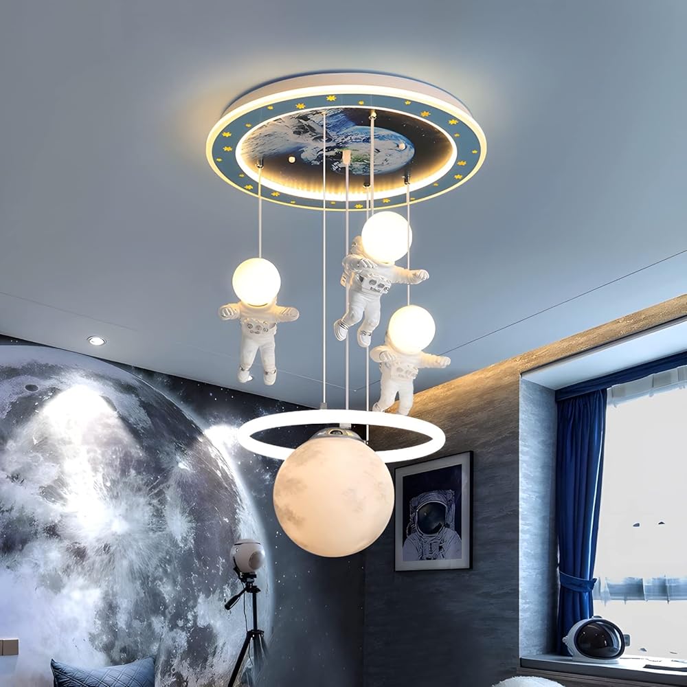Creative LED Chandelier for Bedroom, Dimmable LED Pendant Light with 3 Color, Hand-Painted Shade with Astronaut Decoration LED Pendnat Light Fixtures, 20'' Hanging LED Lamp for Kids Room 65W