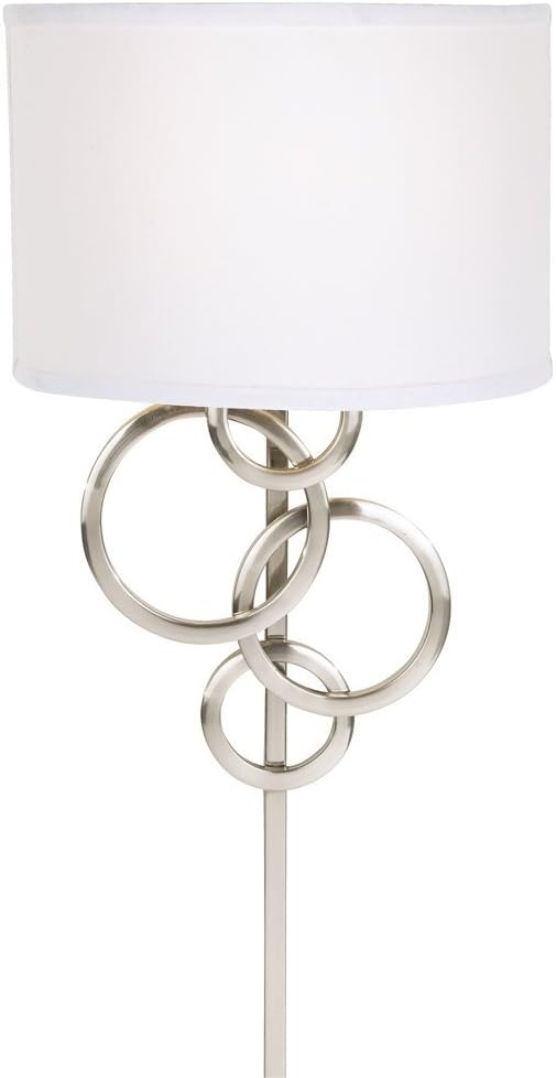 Possini Euro Design Circles Modern Indoor Wall Mount Lamp Brushed Nickel Silver Plug-in Light Fixture Off White Cotton Half Shade for Bedroom Bedside House Reading Living Room Home Hallway Dining