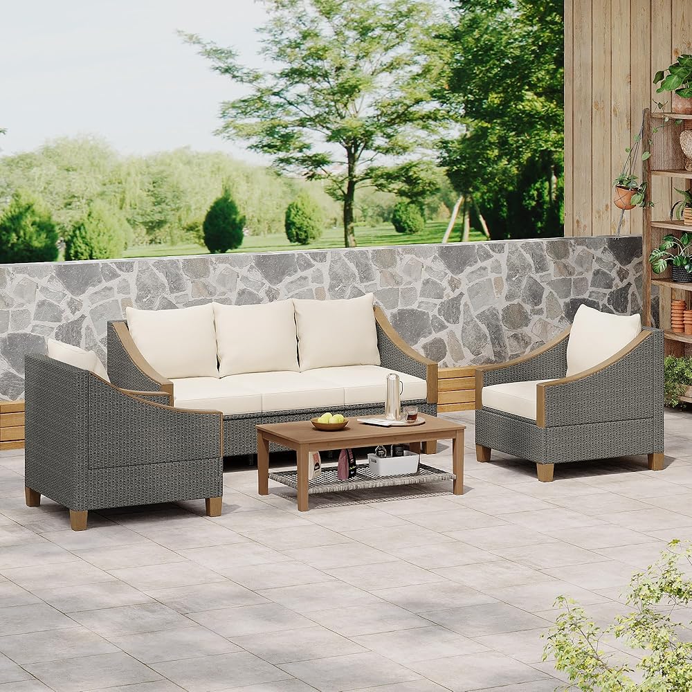 TREXM 4-Piece Rattan Outdoor Conversation Sofa Set with Wooden Coffee Table and Cushions Seating 5 People for Patio, Garden and Backyard (Grey)