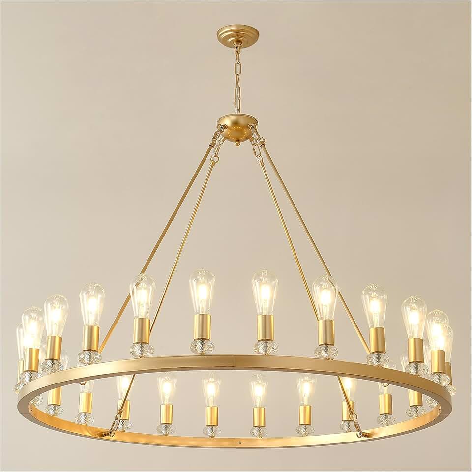 48-Inch Antique Gold Wagon Wheel Chandelier, 24-Light Vintage Farmhouse Pendant Light Fixture for High Ceilings, Round Rustic Industrial Lighting for Elegant Living Spaces