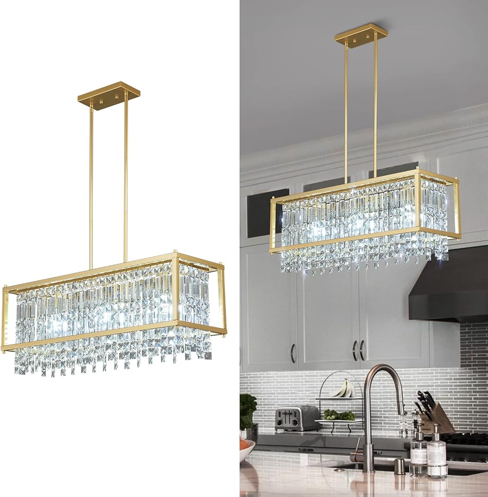 LMQNINE 3-Light Dining Room Light Fixture 25.98 inch Square Lndustrial Farmhouse Chandelier Gold Metal Crystal Pendant Light for Kitchen Island Dining Room Living Room Flat and Inclined Ceiling