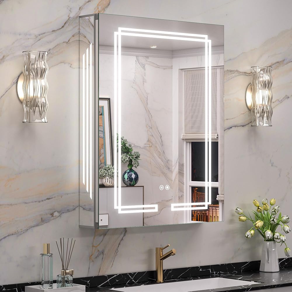Keonjinn 24x32 Inch LED Medicine Cabinet Mirror for Bathroom Adjustable Shelves 3 Color Lights Dimmable Anti-Fog Lighted Medicine Cabinet with LED Wall Mount Vanity Mirror for Bathroom Décor
