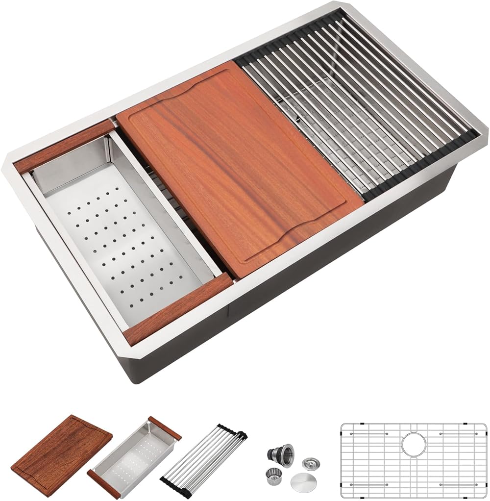 Dcolora 32 Inch Undermount Kitchen Sinks Workstation Handmade Welding 16 Gauge Stainless Steel Large Single Bowl Sink, Round Corner 32