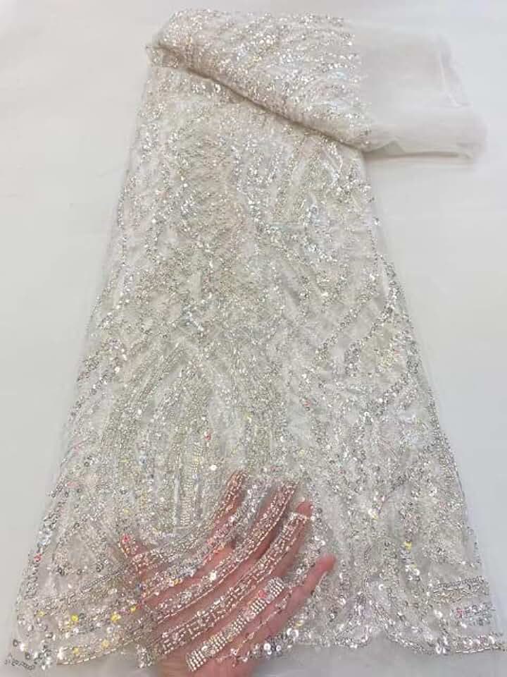 MARHAFABRIC 5 Yards Latest White Luxury Handmade Beads African Mesh Sequins Lace Fabric Fashion for Party Wedding Bride Dress Lace Fabric for Bridal Wedding Prom Evening Dress