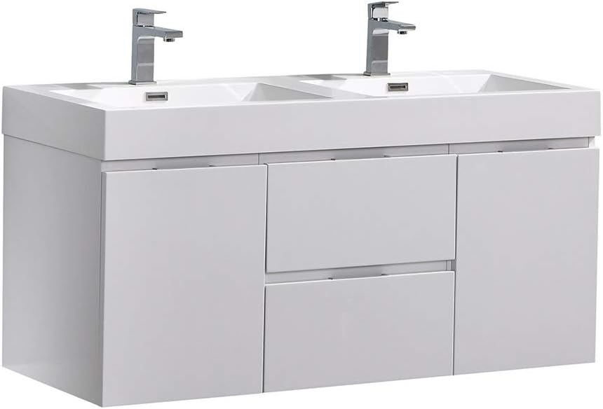 Fresca Valencia 48 inch Glossy White Wall Hung Double Sink Modern Bathroom Vanity