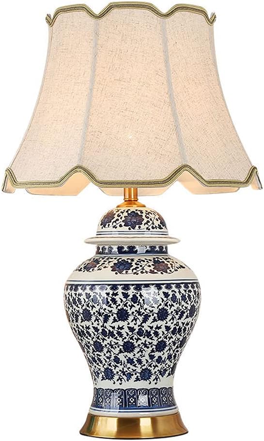 Blue and White Ceramic Table Lamp Asian Table Lamp Ceramic Blue Floral Vase White Bell Shade for Living Room Family Bedroom Bedside Nightstand