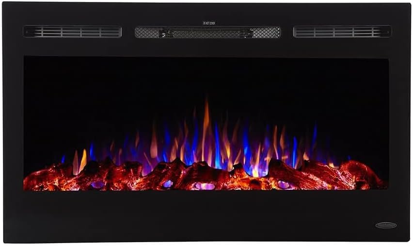 Touchstone Smart Electric Fireplace-The Sideline 36 Inch Wide-in Wall Recessed-30 Realistic Ember Color/Flame Options-1500W Heater w/Thermostat-Black-Log & Crystal Hearth Options -Alexa/WiFi Enabled