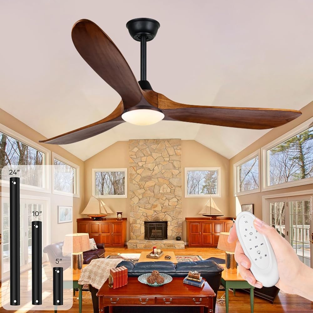 Ceiling Fan with Lights and Remote, 60 Inch Indoor/Outdoor Modern Wood Led Ceiling Fan with Lights for Porch Bedroom Living Room, Noiseless, Reversible DC Motor, Dimmable 3CCT, Tri-Mount