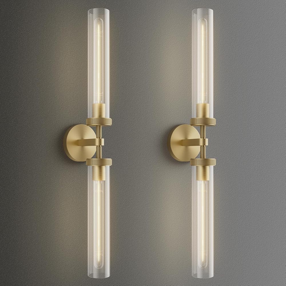Brass Wall Sconces, 30in Gold 2-Light Double Glass Sconces Wall Lighting, Bathroom Knurled Vanity Light Sconces, Wall Lights for Living Room Bedroom（Including Bulb）