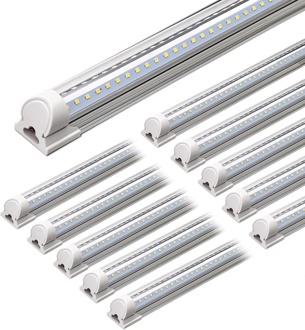 LED Shop Light, 4FT 40W 5000LM 5000K Daylight White, V Shape, Clear Cover, Linkable with Plug, T8 LED Tube Lights, ETL Listed, 10 Packs
