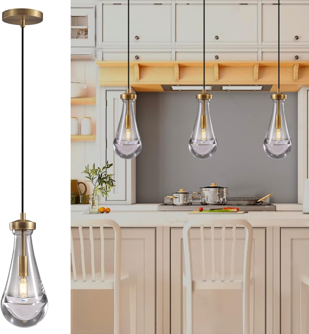 Raindrop Pendant Lights Set of 3, Pendant Lights Kitchen Island 3 Pack, Teardrop Glass Pendant Lights for Bedroom Bathroom, Island Lights, Chandelier for Living Room Hallway, Bulb Included