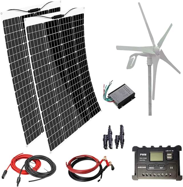 2pcs 120W Mono Flexible Solar Panel + 400W 12V Wind Turbine + 20A Controller PV Connector 600W(640W) Hybrid System Kit for Home RV Caravan Boat and Other Battery Charger