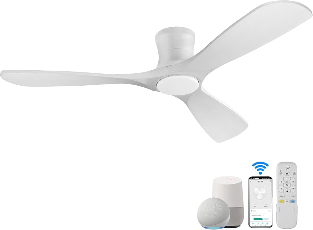 Livory 52” Wood Smart Flush Mount Ceiling Fans with Lights and Remote,Quiet DC Motor,Outdoor Indoor Ultra Low Profile Ceiling Fan works with Alexa WIFI APP,Modern White Ceiling Fan for Bedroom Patio