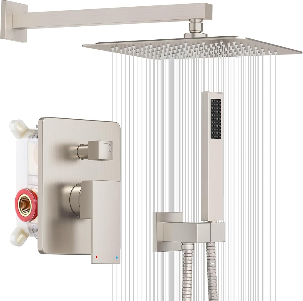 ESNBIA Shower System, Bathroom 10 Inches Rain Shower Head with Handheld Combo Set, Wall Mounted High Pressure Rainfall Dual Shower Head System, Shower Faucet Set with Valve and Trim, Brushed Nickel
