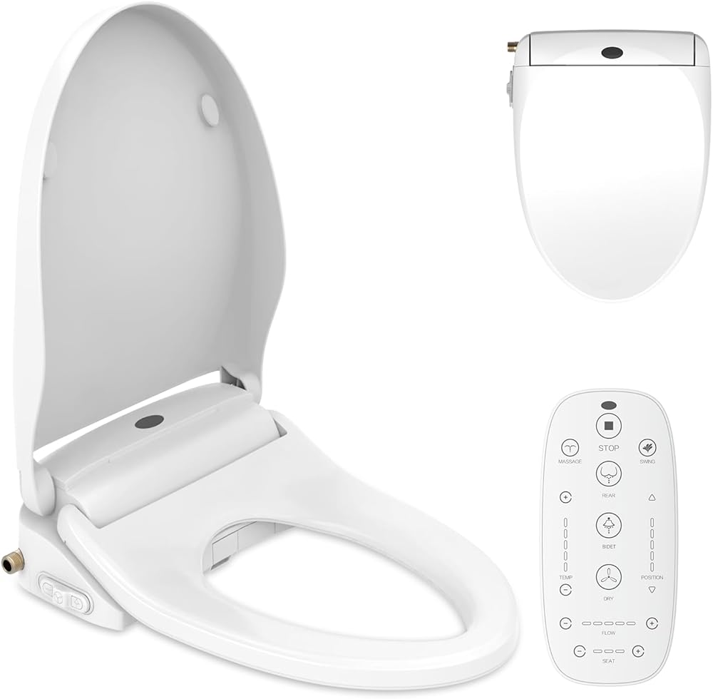 Electric Bidet Seat for Elongated Toilets with Wireless Remote and Side Panel, Multiple Spray Modes, Adjustable Heated Seat, Warm Water and Air Dryer, Auto LED Nightlight, Easy Installation
