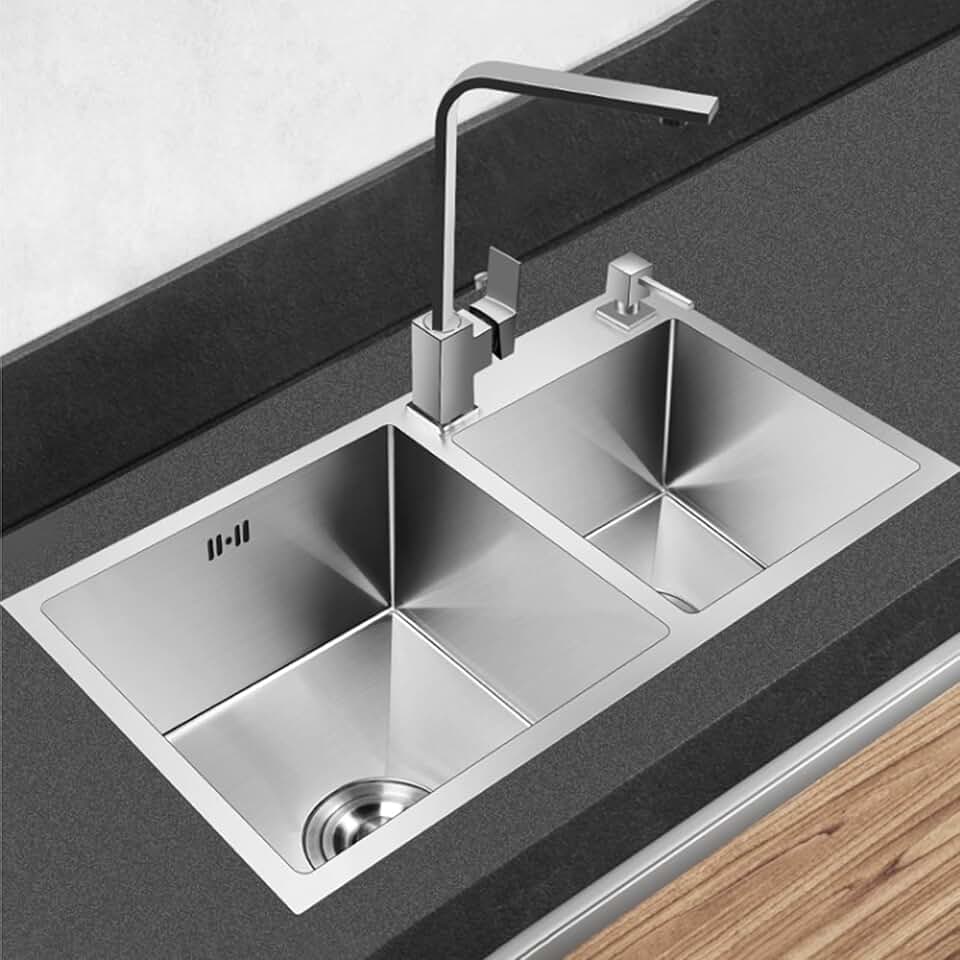 Stainless Steel Kitchen Sink,Built-in Sink,Double Basin With Drainer And Drainer Basket And Soap Dispenser With Square Faucet,suitable For Home Kitchen,bar Counter,three Installation Methods ( Size :