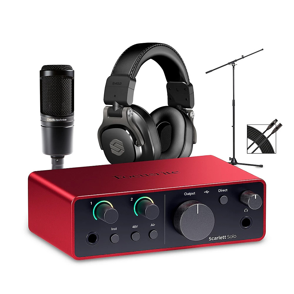Focusrite Scarlett Solo Gen 4 with Audio-Technica Microphone & Sterling Studio Headphone Package (Stand & Cable Included)