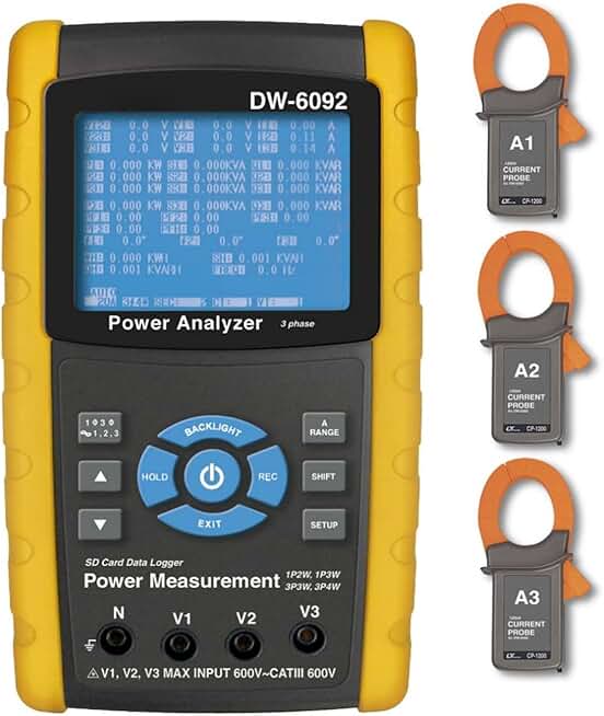 DW-6092 3 Phase Power Analyzer DW6092 Three Phase Power Meter Tester Real Time Data Recorder Logger with 3 PCS CP-1200 Current Probes 20A 200A 1200A | 1P/2W, 1P/3W, 3P/3W, 3P/4W