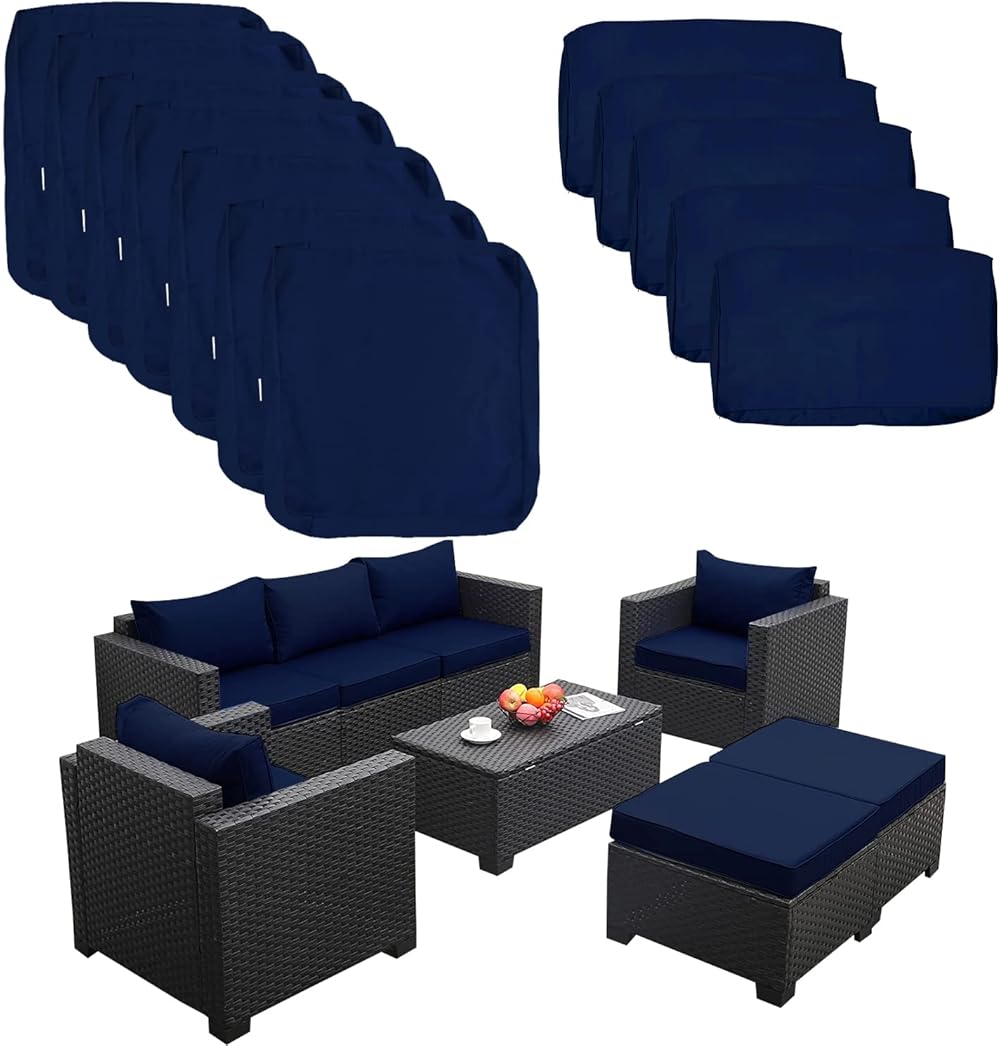ClawsCover 12Pack Outdoor Seat and Back Cushions Replacement Covers Fit for 6 Pieces 7-Seater Wicker Rattan Furniture Patio Conversation Set Sectional Couch Chair,Navy-Include Cover Only