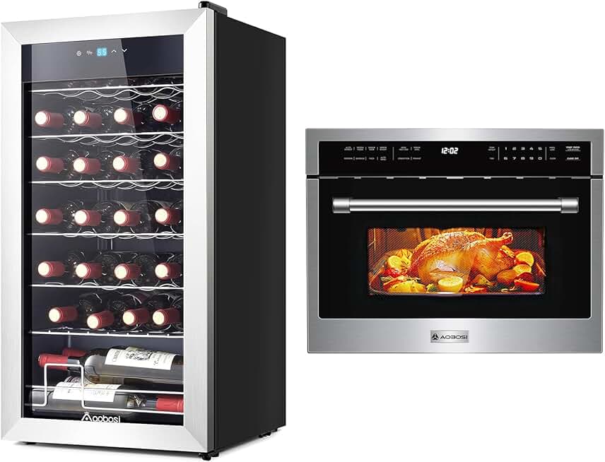 AAOBOSI 24 Inch Microwave Convection Oven,1.6 Cu.Ft 10 Cooking Modes Microwave Drawer Oven, Wine Fridge, 28 Bottle Wine Cooler 46-66℉ Beverage Wine Refrigerator, Glass Door Free Standing Wine Cellar