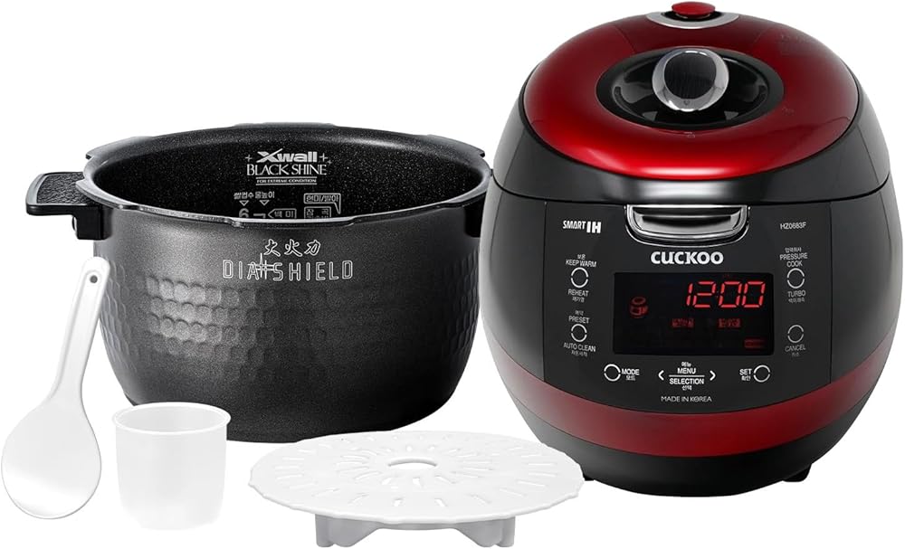 CUCKOO CRP-HZ0683FR | 6-Cup (Uncooked) Induction Heating Pressure Rice Cooker | 13 Menu Options, Auto-Clean, Voice Guide, Made in Korea | Black/Red