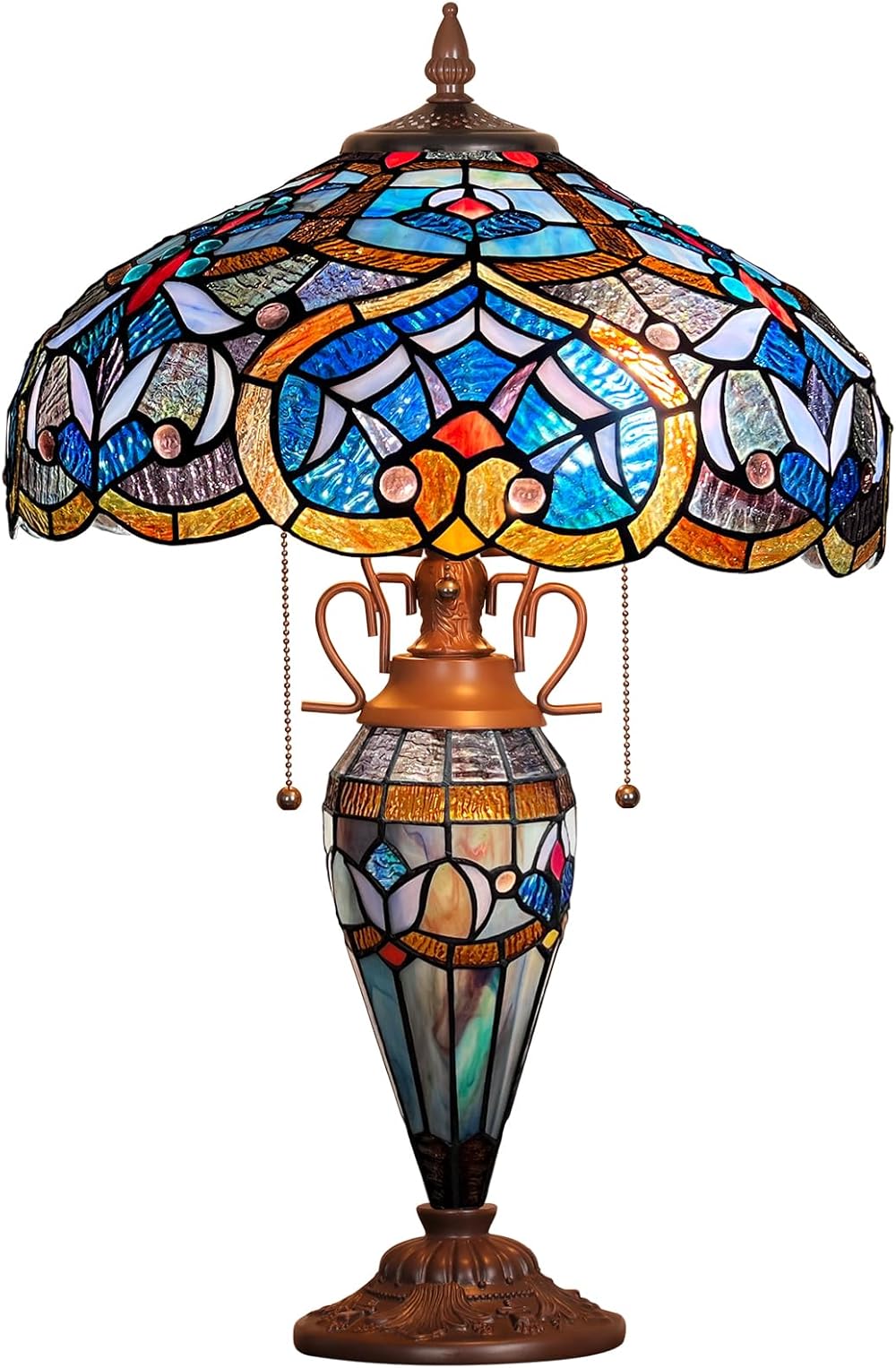 Capulina Tiffany Table Lamp Mother-Daughter Vase Flower Style Stained Glass Desk Reading Light 16x16x24 Inches 3-Light Decor for Home Office Bedroom Living Room