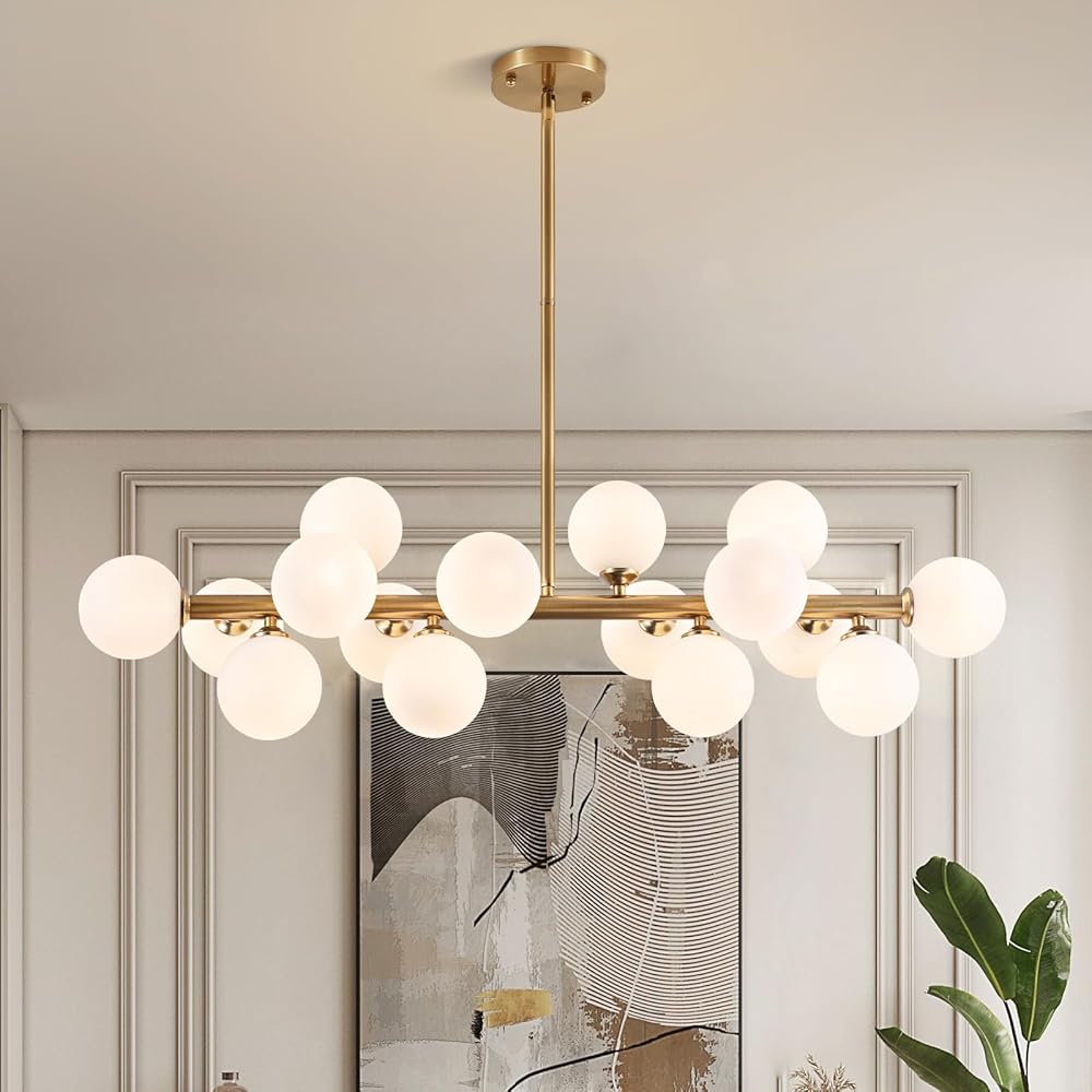 Dining Room Chandelier Light Fixture Over Table, 16-Light Brushed Brass Gold linear island chandelier, Pendant Ceiling light fixture with white Lampshade glass shade for kitchen, dining room, bar
